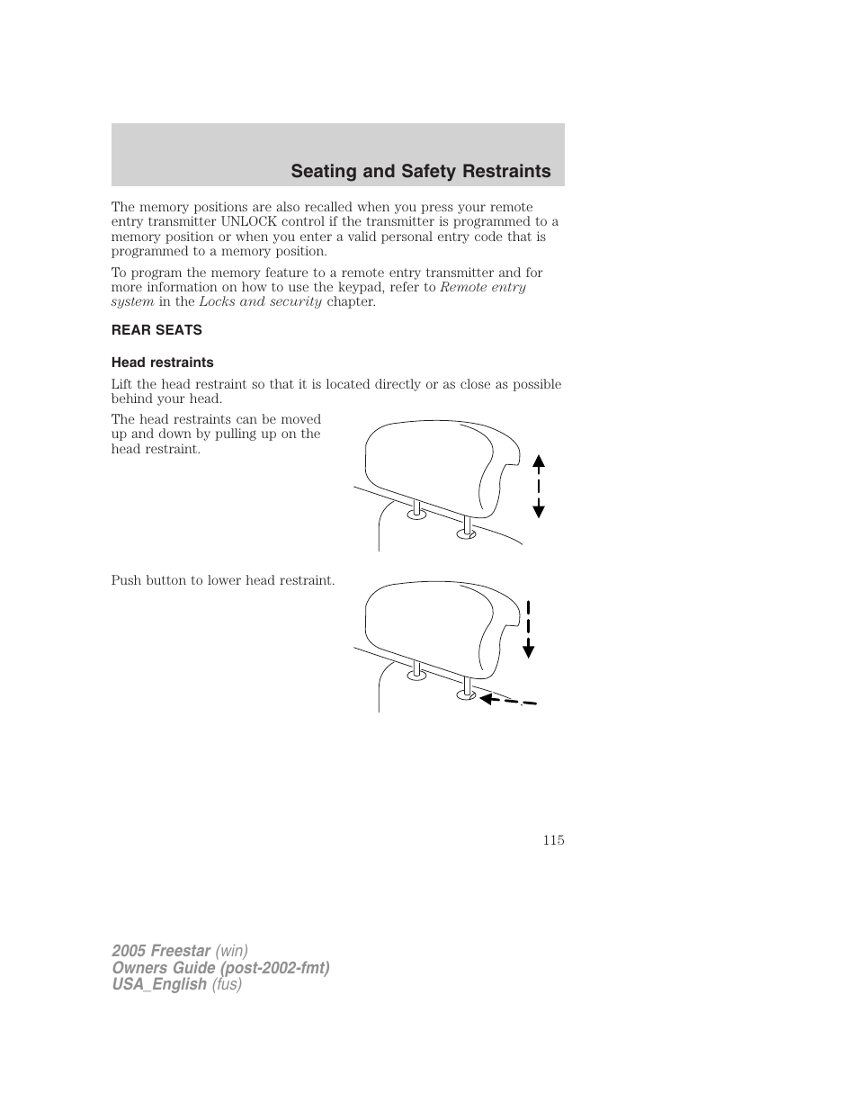 Rear seats, Head restraints, Seating and safety restraints | FORD 2005 Freestar v.2 User Manual | Page 115 / 312