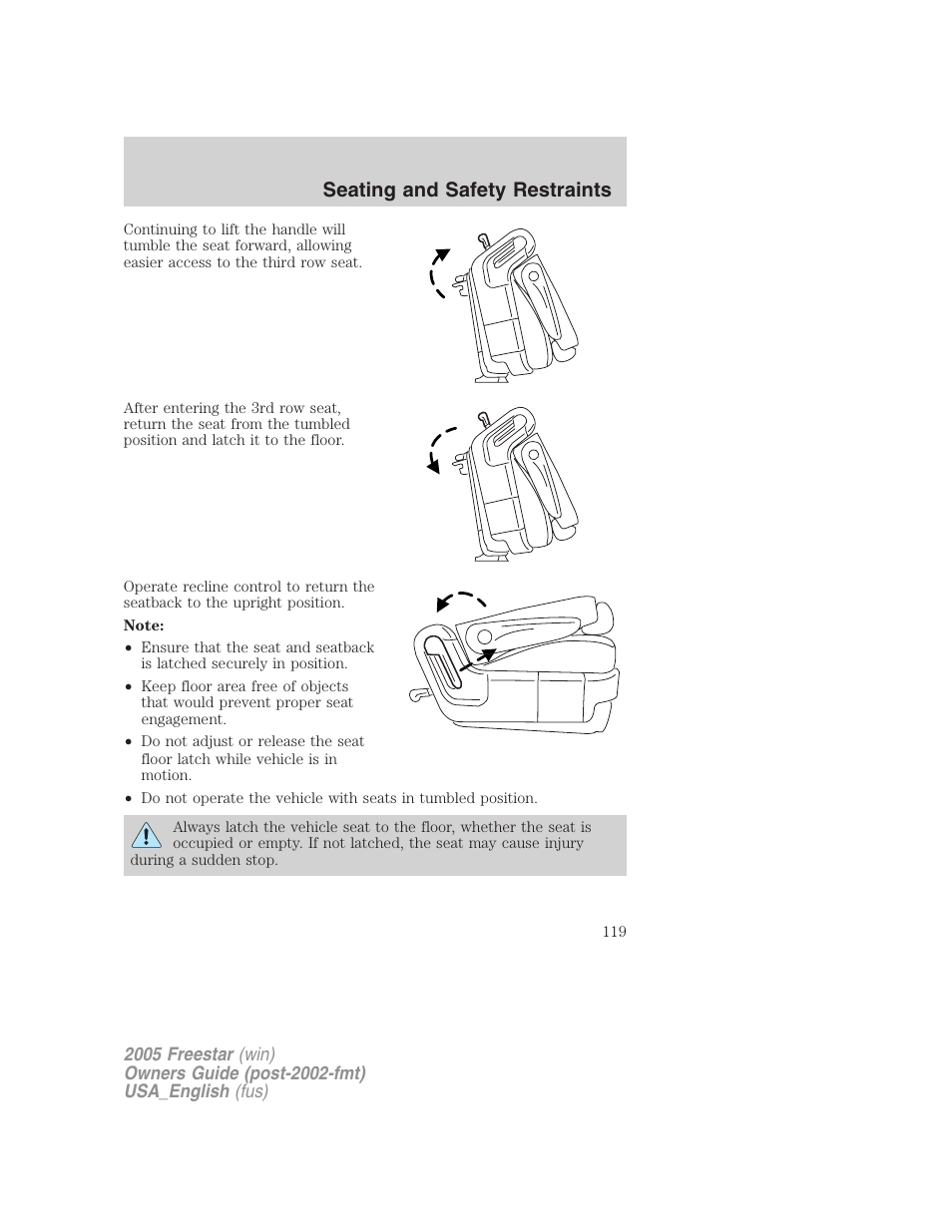 Seating and safety restraints | FORD 2005 Freestar v.2 User Manual | Page 119 / 312