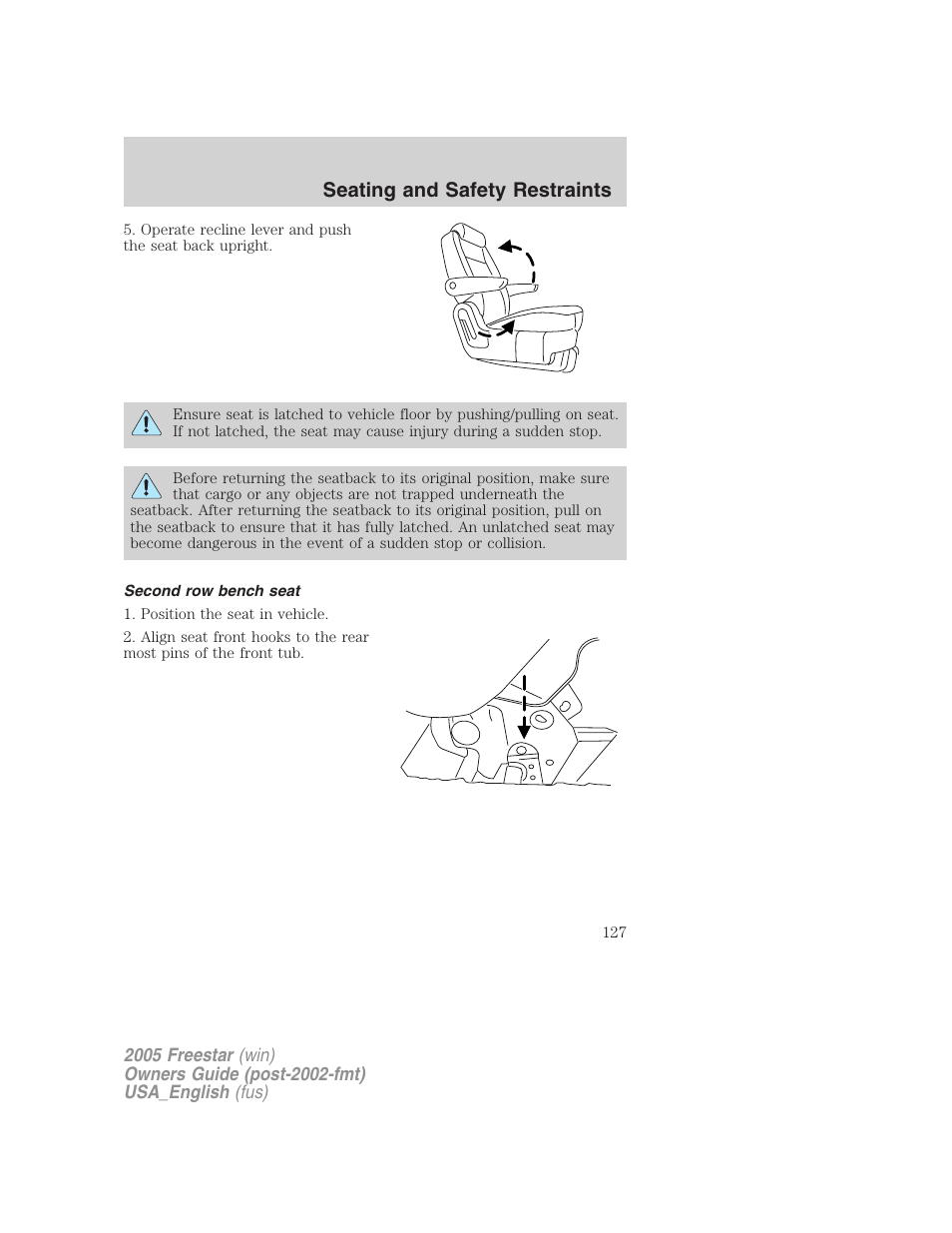 Second row bench seat, Seating and safety restraints | FORD 2005 Freestar v.2 User Manual | Page 127 / 312