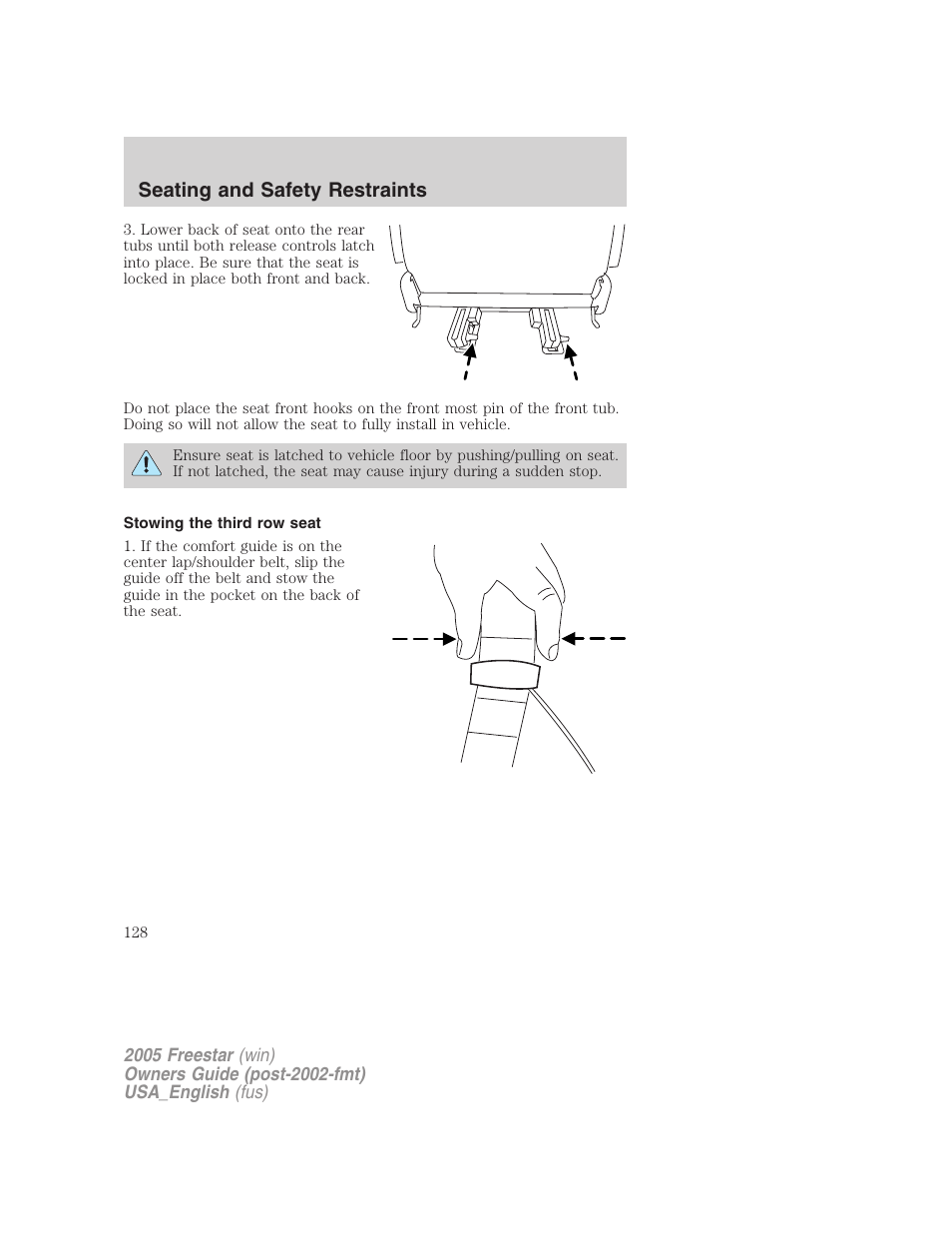 Stowing the third row seat, Seating and safety restraints | FORD 2005 Freestar v.2 User Manual | Page 128 / 312