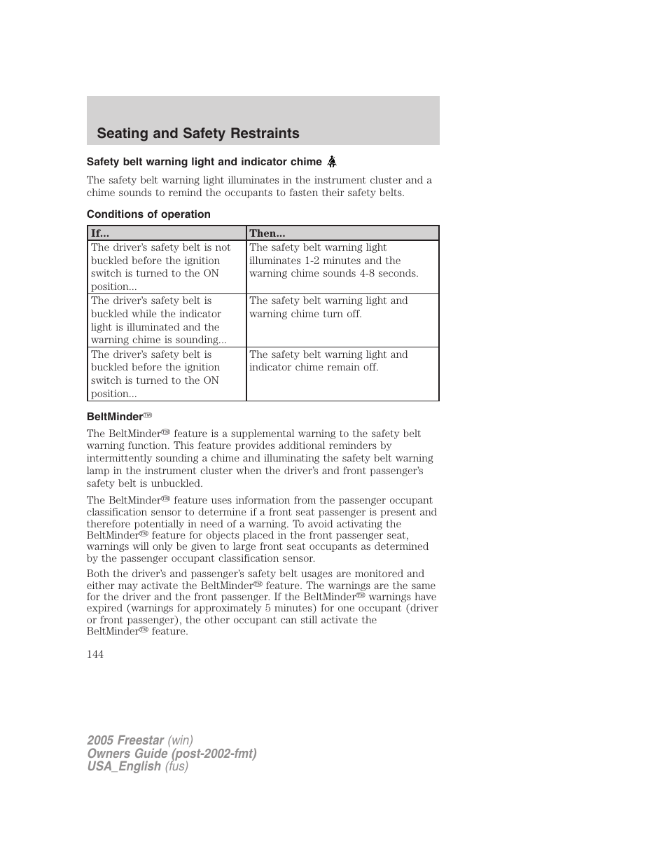 Safety belt warning light and indicator chime, Conditions of operation, Beltminder | Seating and safety restraints | FORD 2005 Freestar v.2 User Manual | Page 144 / 312