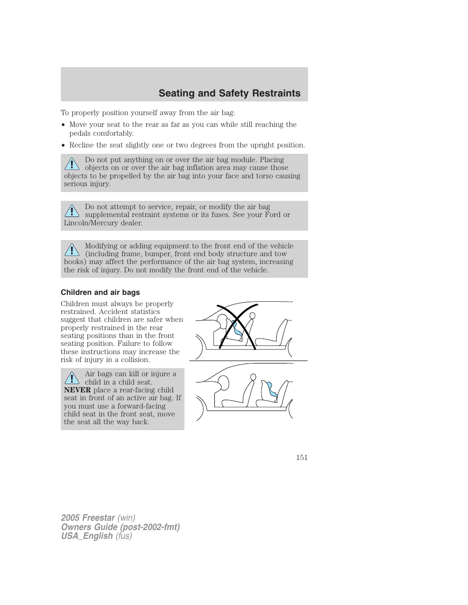 Children and air bags, Seating and safety restraints | FORD 2005 Freestar v.2 User Manual | Page 151 / 312