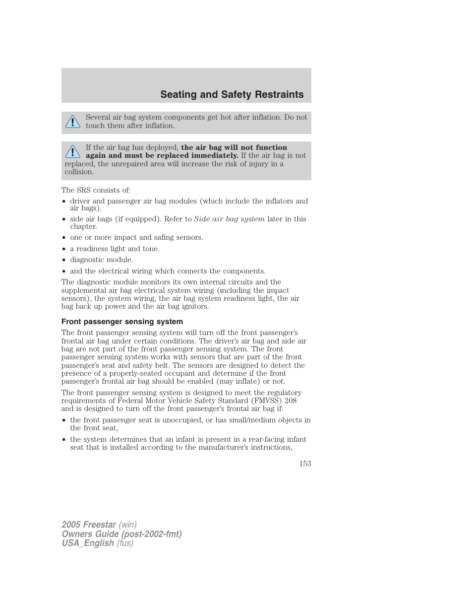 Front passenger sensing system, Seating and safety restraints | FORD 2005 Freestar v.2 User Manual | Page 153 / 312