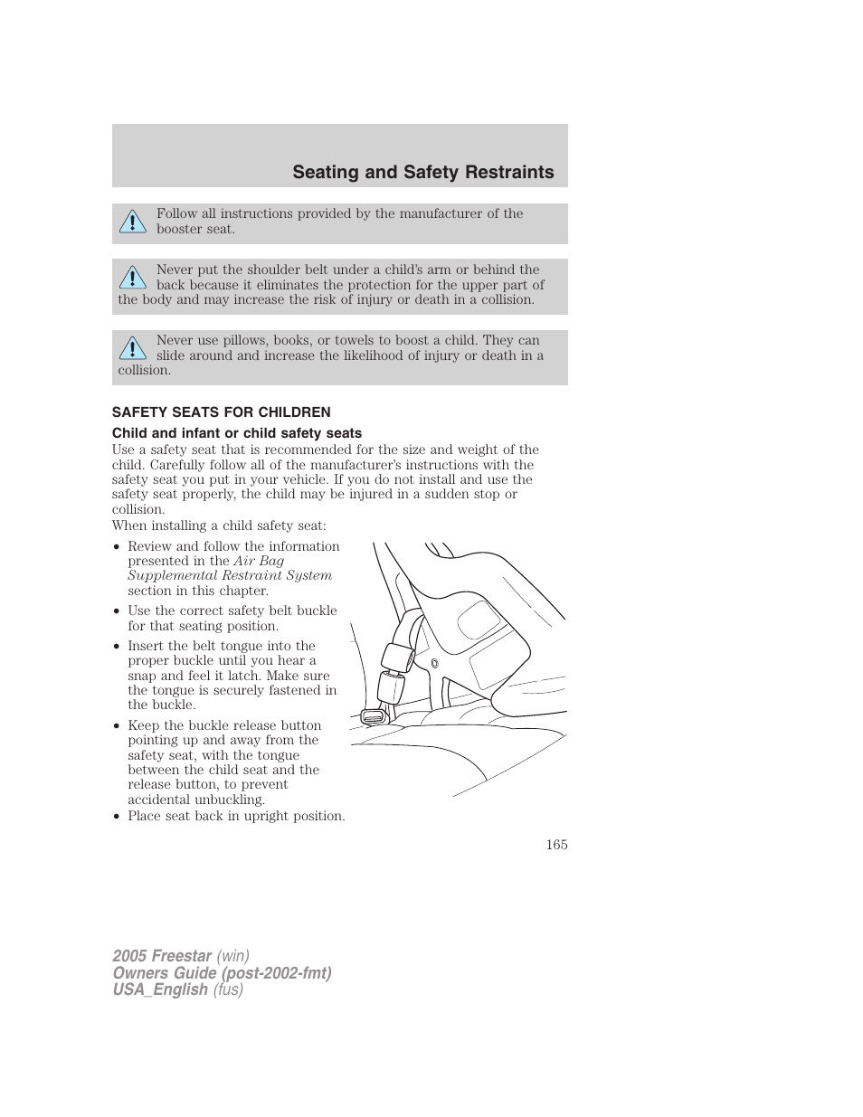 Safety seats for children, Child and infant or child safety seats, Seating and safety restraints | FORD 2005 Freestar v.2 User Manual | Page 165 / 312