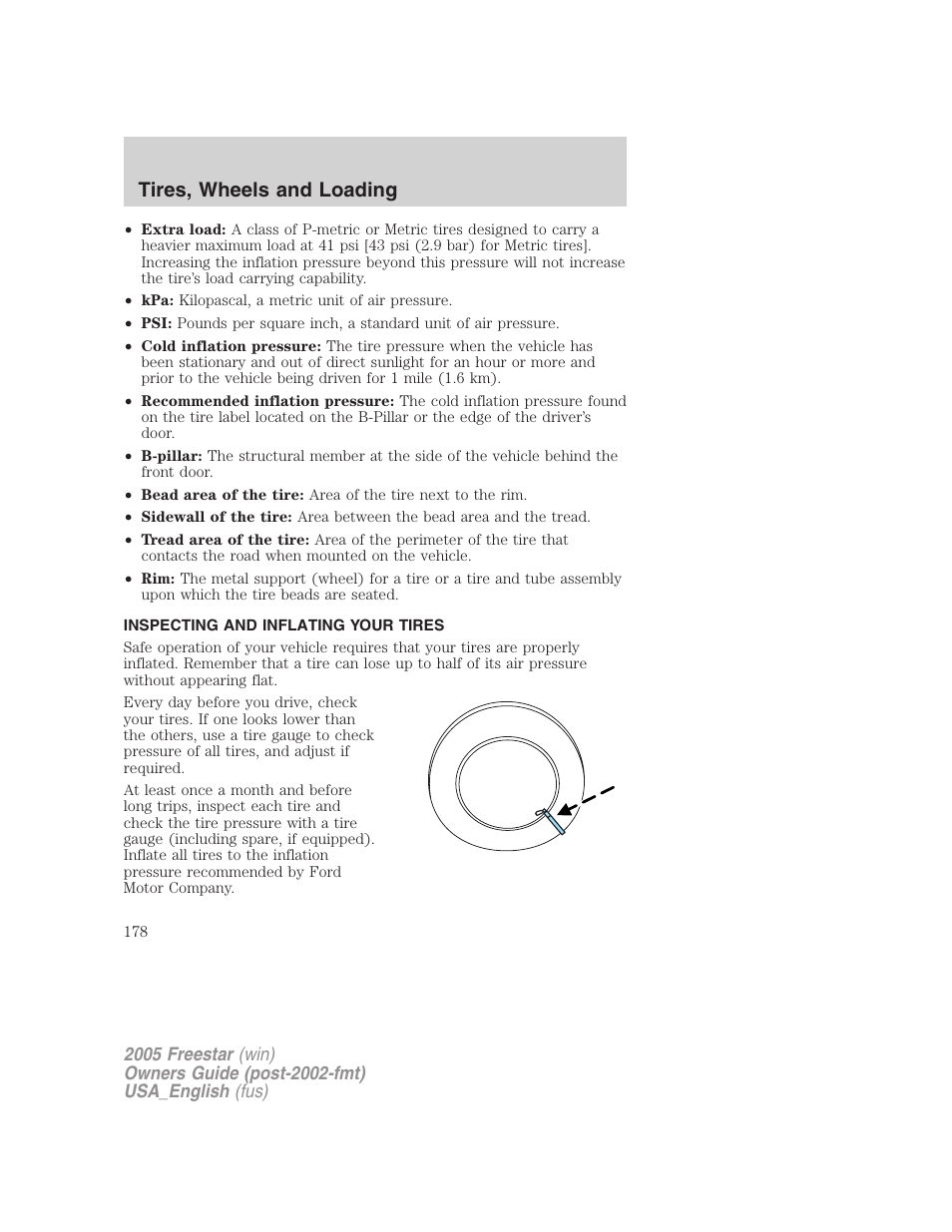 Inspecting and inflating your tires, Tires, wheels and loading | FORD 2005 Freestar v.2 User Manual | Page 178 / 312