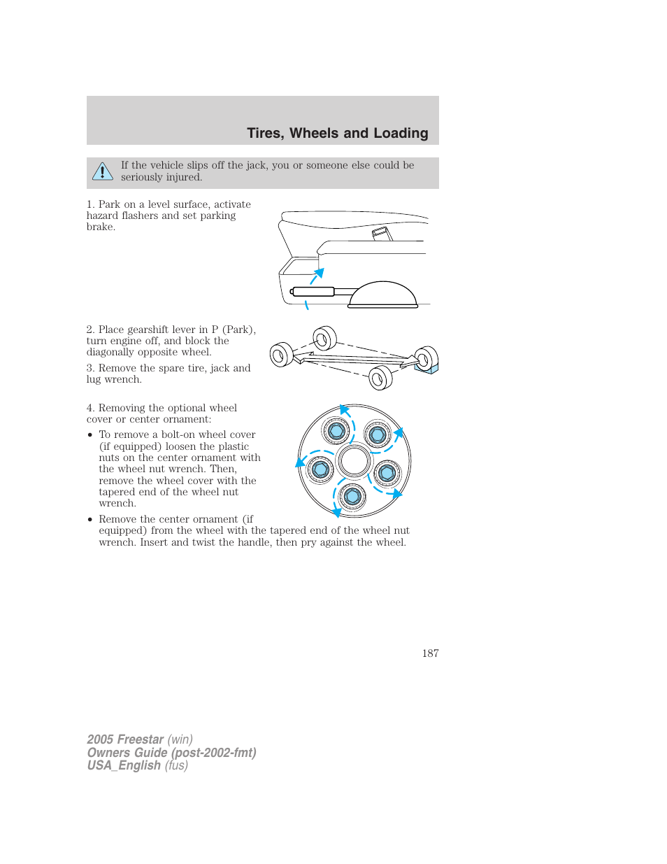 Tires, wheels and loading | FORD 2005 Freestar v.2 User Manual | Page 187 / 312