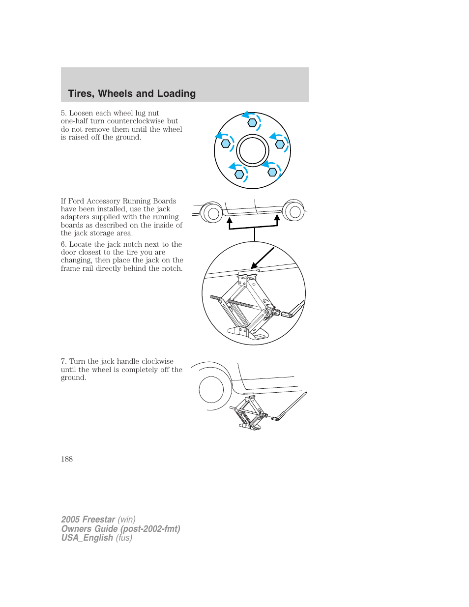 Tires, wheels and loading | FORD 2005 Freestar v.2 User Manual | Page 188 / 312