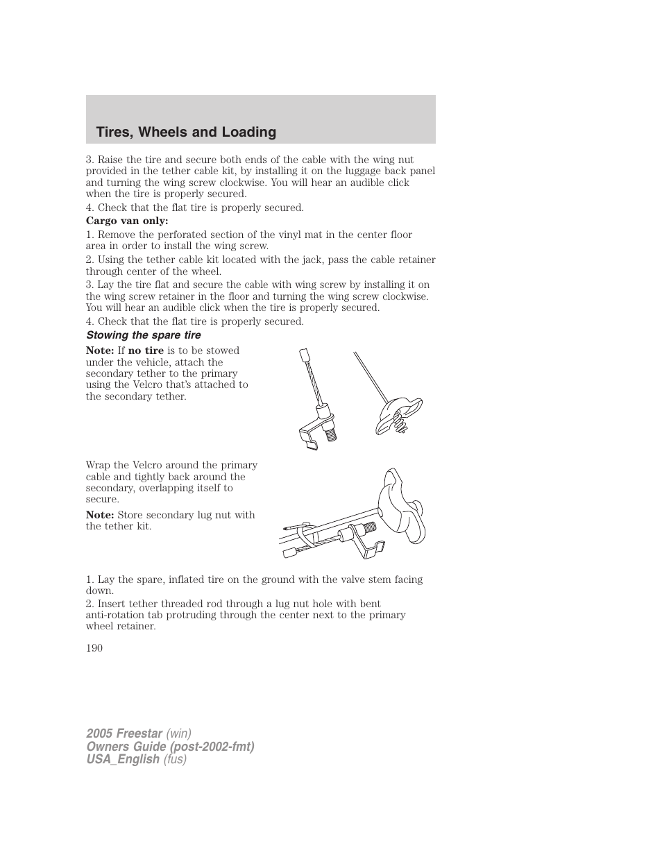 Stowing the spare tire, Tires, wheels and loading | FORD 2005 Freestar v.2 User Manual | Page 190 / 312