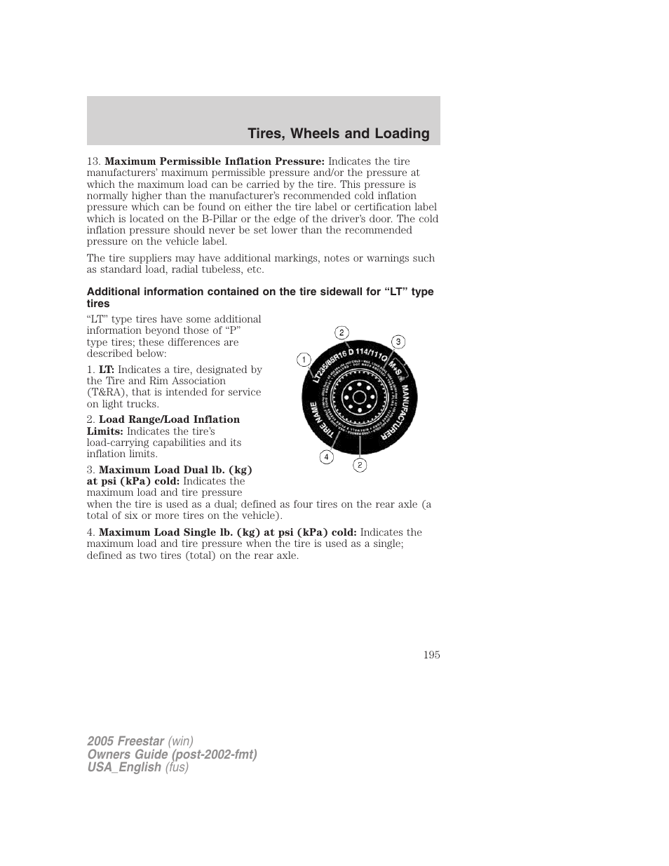 Tires, wheels and loading | FORD 2005 Freestar v.2 User Manual | Page 195 / 312