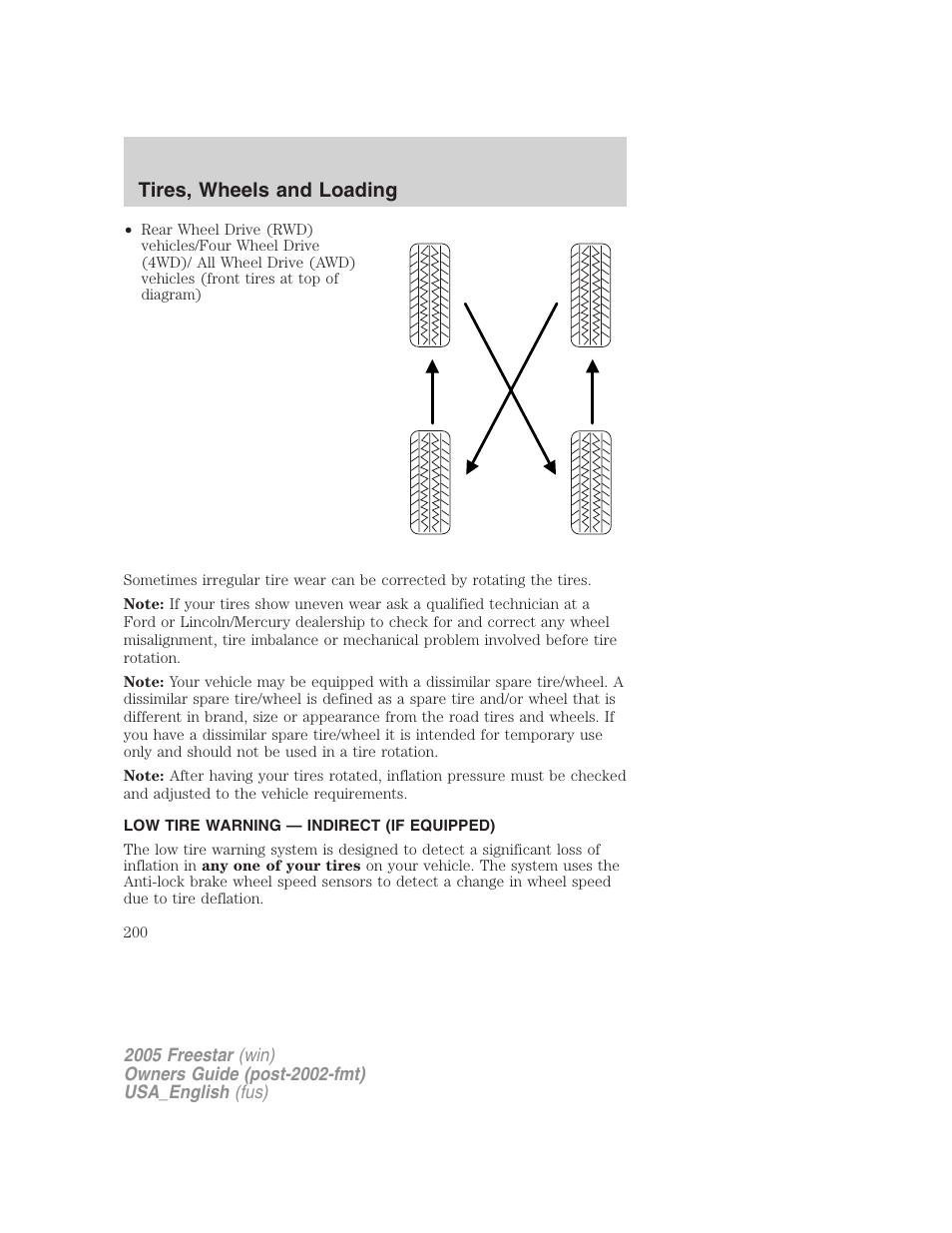 Low tire warning — indirect (if equipped), Low tire warning system, Tires, wheels and loading | FORD 2005 Freestar v.2 User Manual | Page 200 / 312