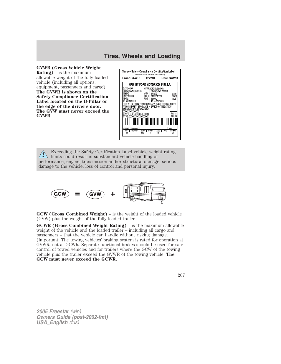 Tires, wheels and loading | FORD 2005 Freestar v.2 User Manual | Page 207 / 312