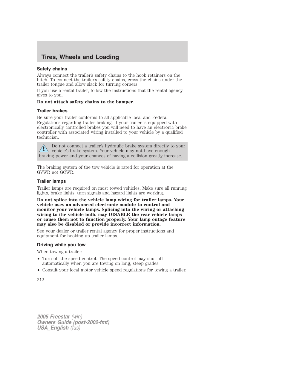 Safety chains, Trailer brakes, Trailer lamps | Driving while you tow, Tires, wheels and loading | FORD 2005 Freestar v.2 User Manual | Page 212 / 312
