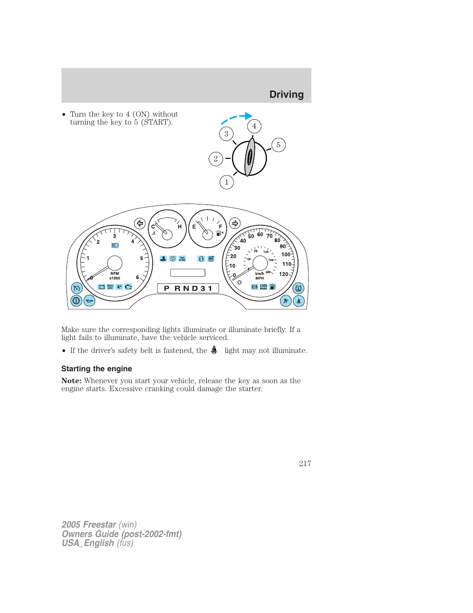Starting the engine, Driving | FORD 2005 Freestar v.2 User Manual | Page 217 / 312