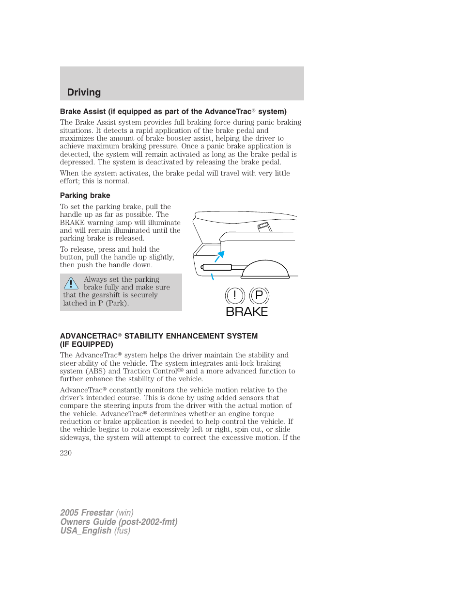 Parking brake, P! brake, Driving | FORD 2005 Freestar v.2 User Manual | Page 220 / 312