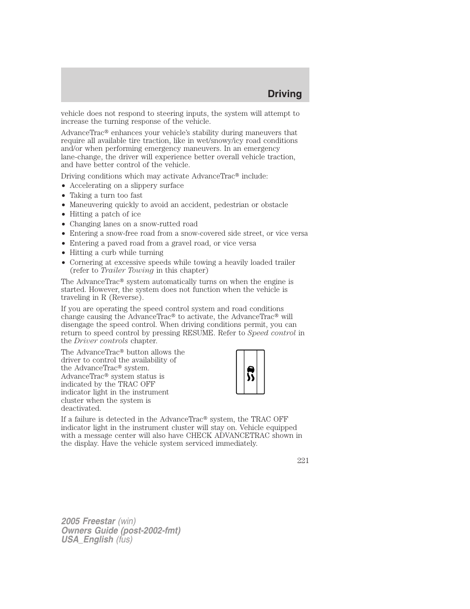 Driving | FORD 2005 Freestar v.2 User Manual | Page 221 / 312