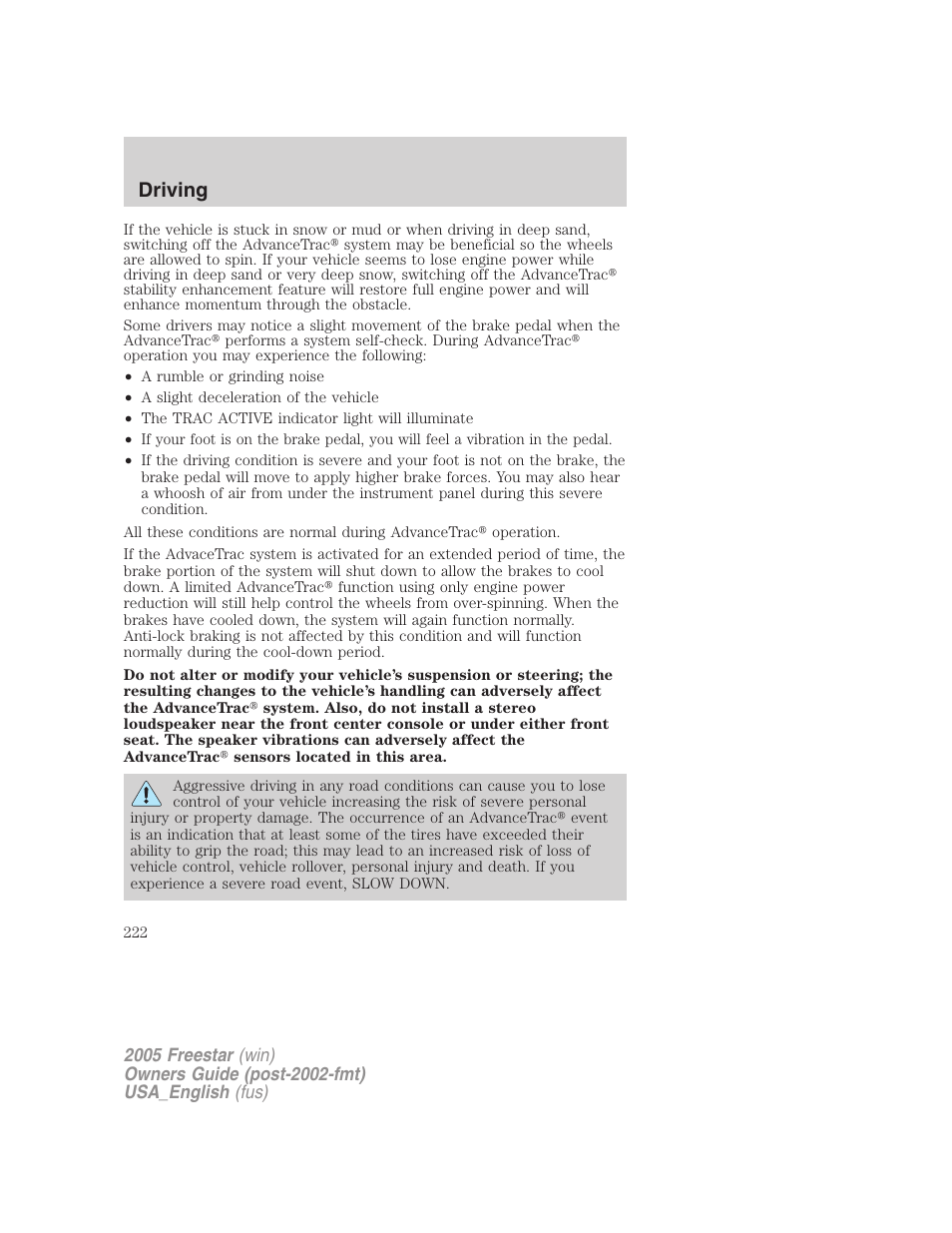Driving | FORD 2005 Freestar v.2 User Manual | Page 222 / 312