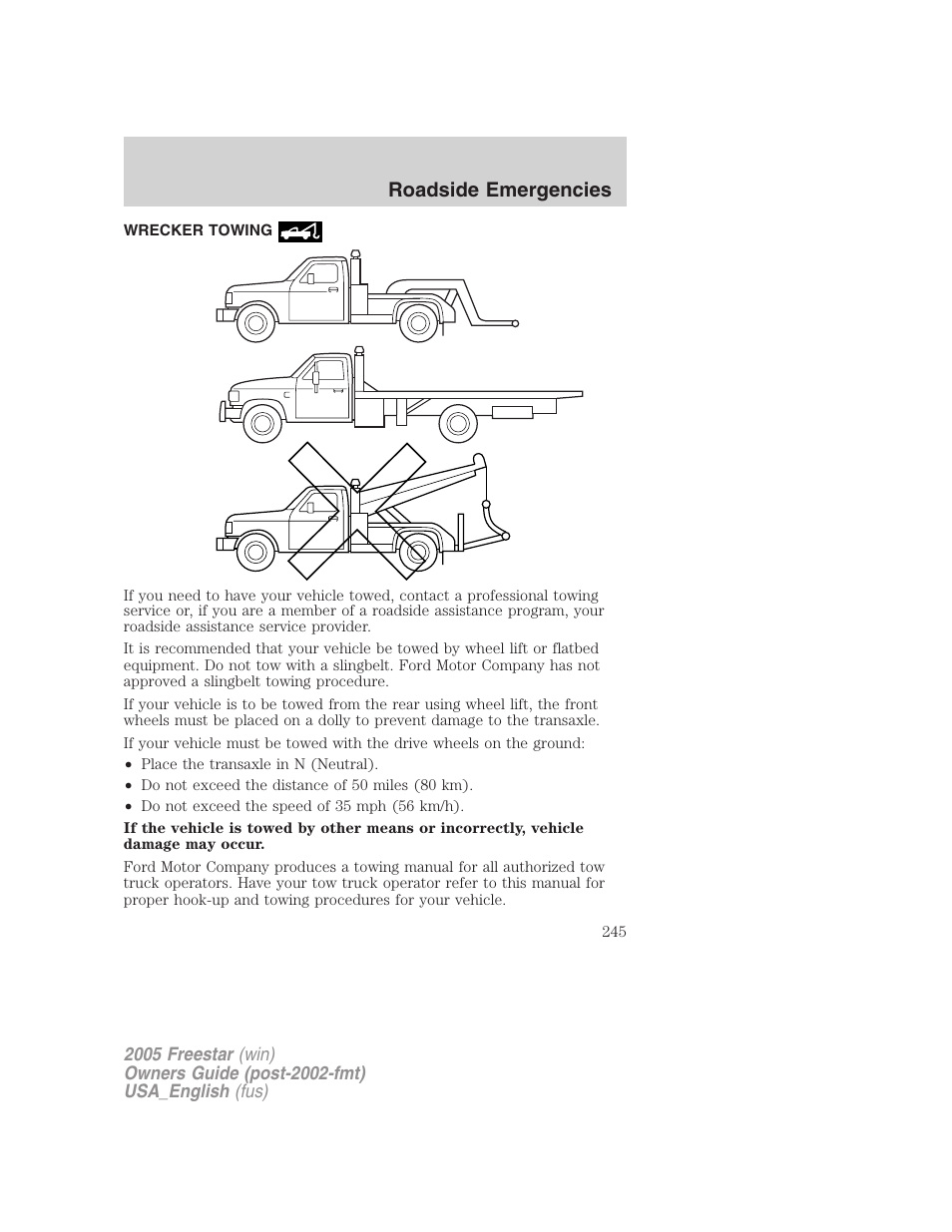 Wrecker towing, Roadside emergencies | FORD 2005 Freestar v.2 User Manual | Page 245 / 312