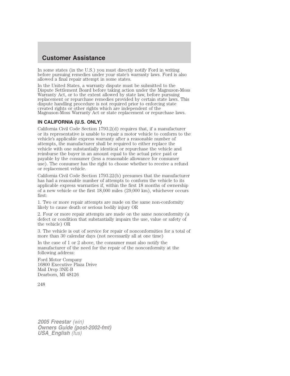 In california (u.s. only), Customer assistance | FORD 2005 Freestar v.2 User Manual | Page 248 / 312