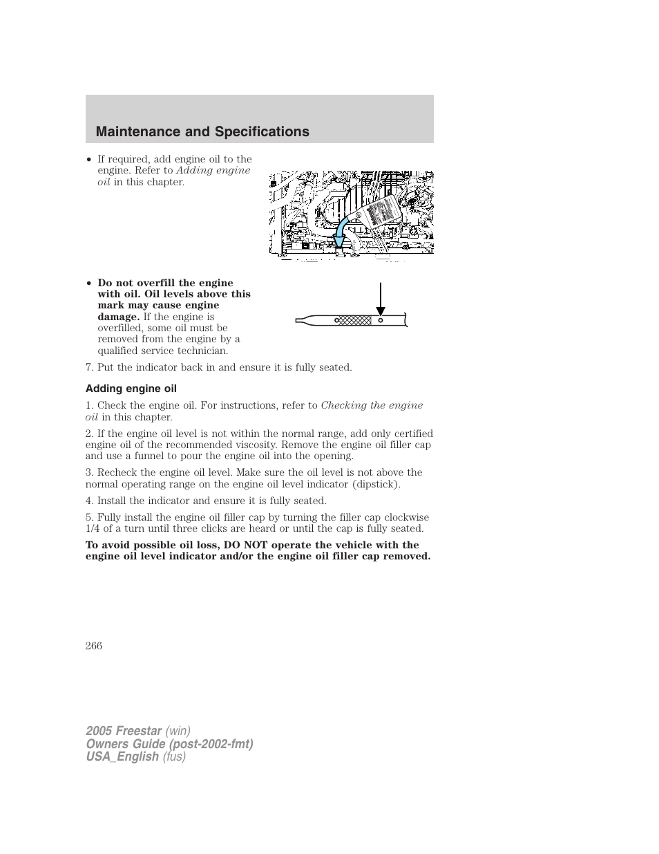 Adding engine oil, Maintenance and specifications | FORD 2005 Freestar v.2 User Manual | Page 266 / 312