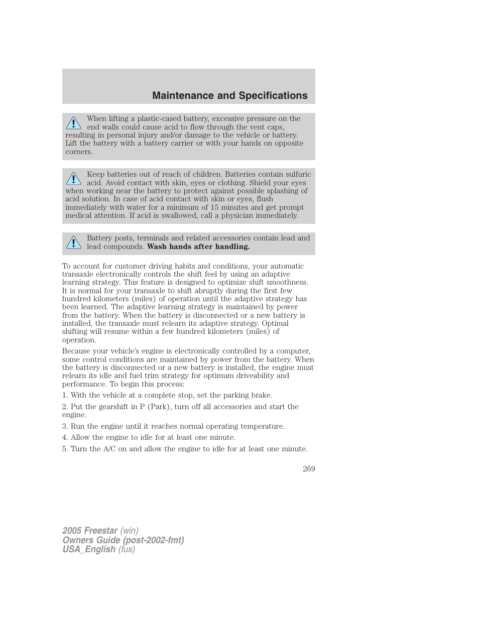 Maintenance and specifications | FORD 2005 Freestar v.2 User Manual | Page 269 / 312