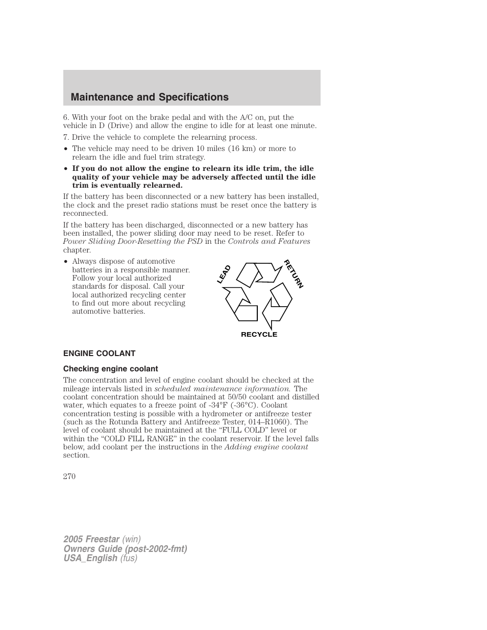 Engine coolant, Checking engine coolant, Maintenance and specifications | FORD 2005 Freestar v.2 User Manual | Page 270 / 312