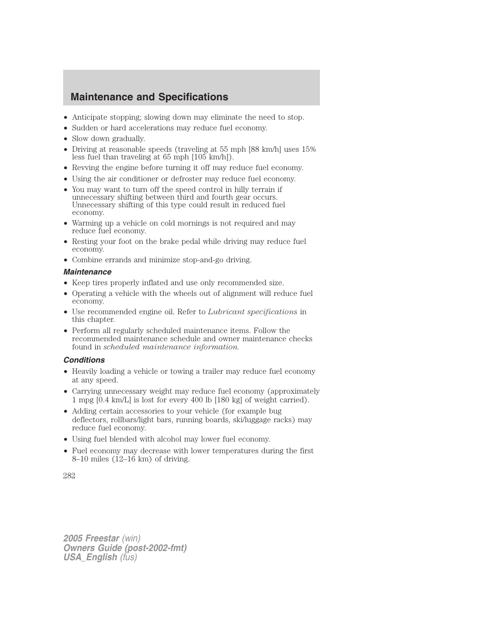 Maintenance, Conditions, Maintenance and specifications | FORD 2005 Freestar v.2 User Manual | Page 282 / 312