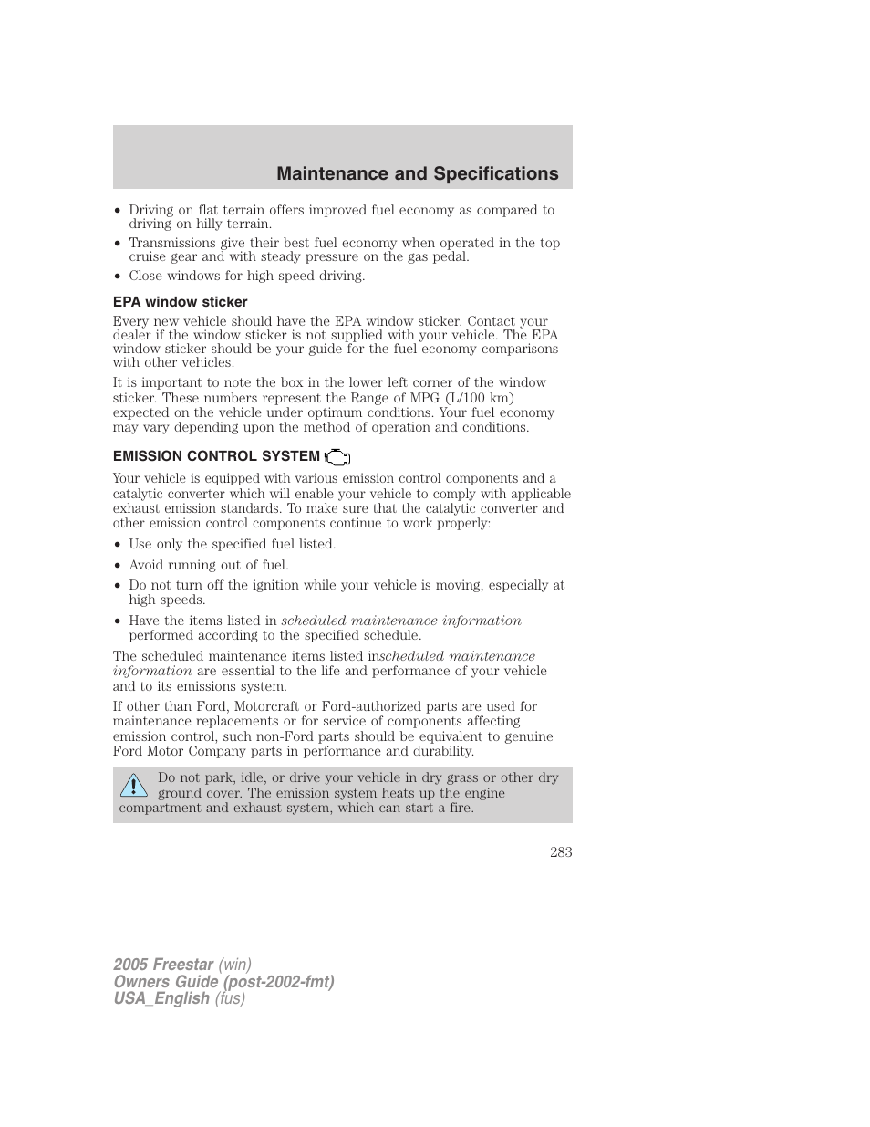 Epa window sticker, Emission control system, Maintenance and specifications | FORD 2005 Freestar v.2 User Manual | Page 283 / 312