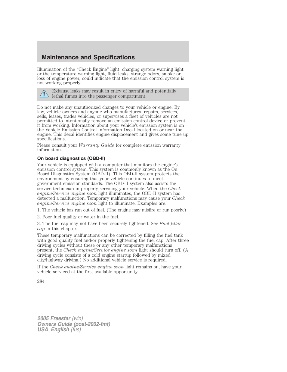 On board diagnostics (obd-ii), Maintenance and specifications | FORD 2005 Freestar v.2 User Manual | Page 284 / 312