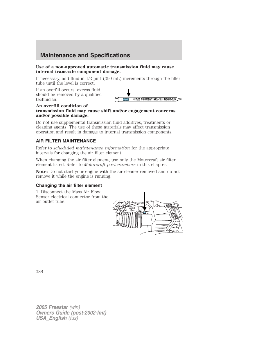 Air filter maintenance, Changing the air filter element, Air filter(s) | Maintenance and specifications | FORD 2005 Freestar v.2 User Manual | Page 288 / 312