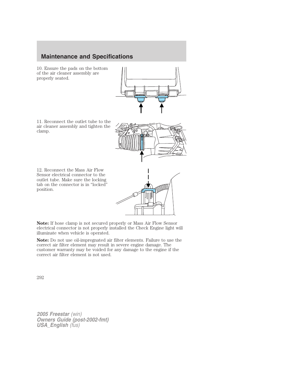 Maintenance and specifications | FORD 2005 Freestar v.2 User Manual | Page 292 / 312