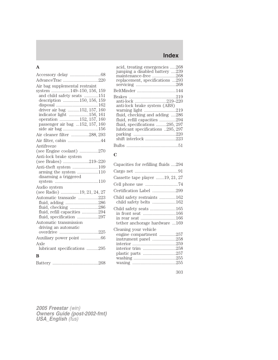 Index | FORD 2005 Freestar v.2 User Manual | Page 303 / 312