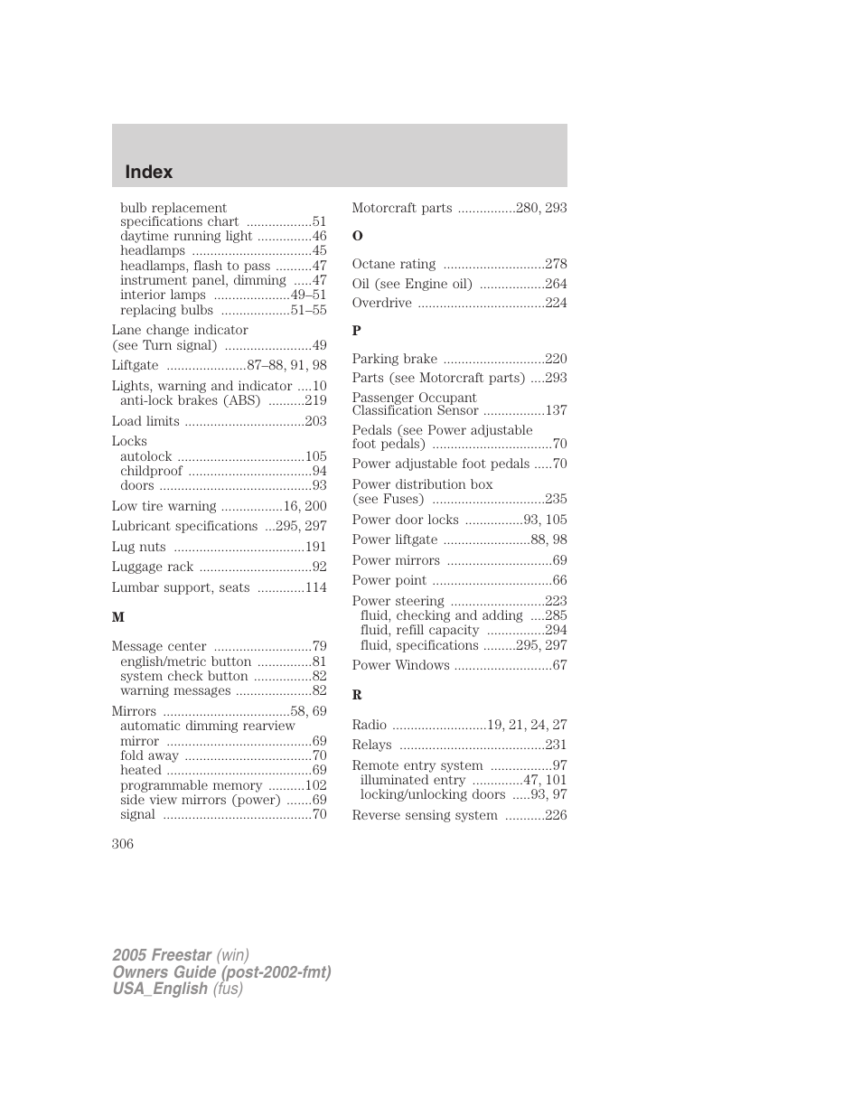 Index | FORD 2005 Freestar v.2 User Manual | Page 306 / 312