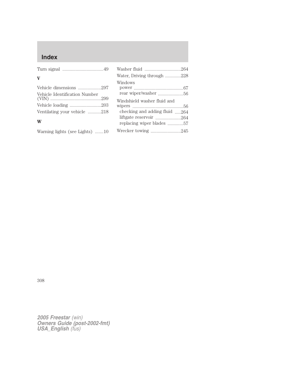 Index | FORD 2005 Freestar v.2 User Manual | Page 308 / 312