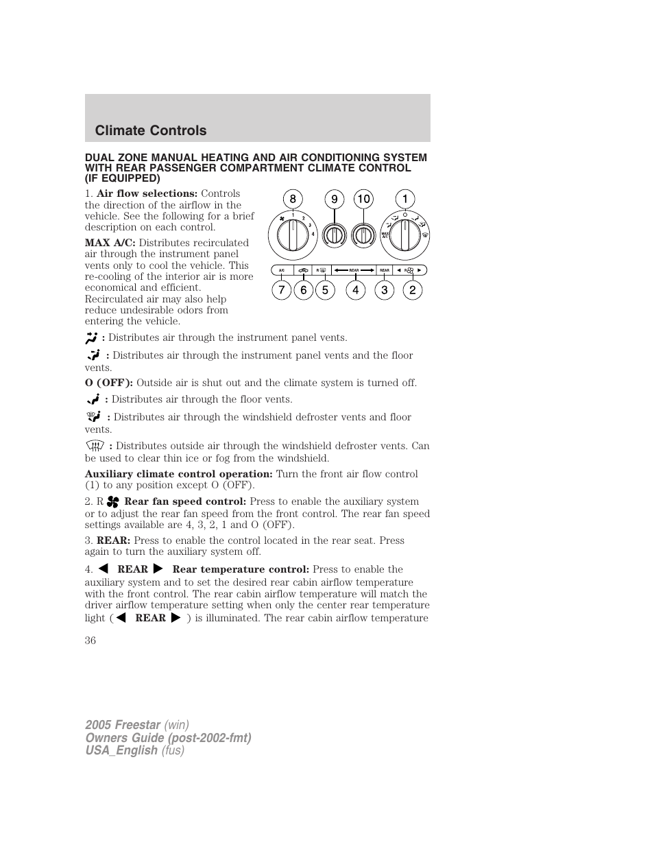 Climate controls | FORD 2005 Freestar v.2 User Manual | Page 36 / 312