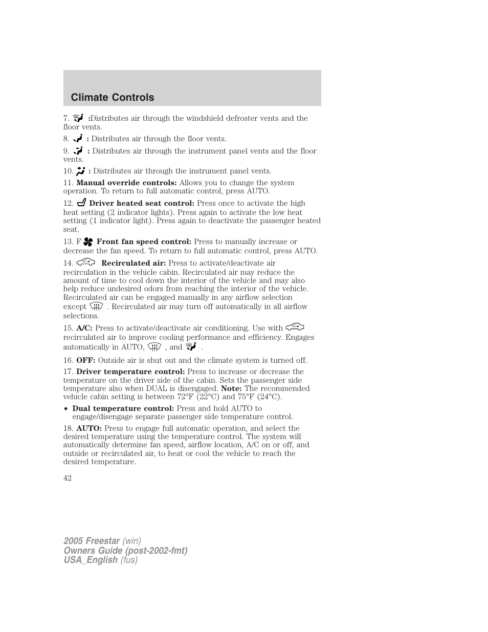 Climate controls | FORD 2005 Freestar v.2 User Manual | Page 42 / 312