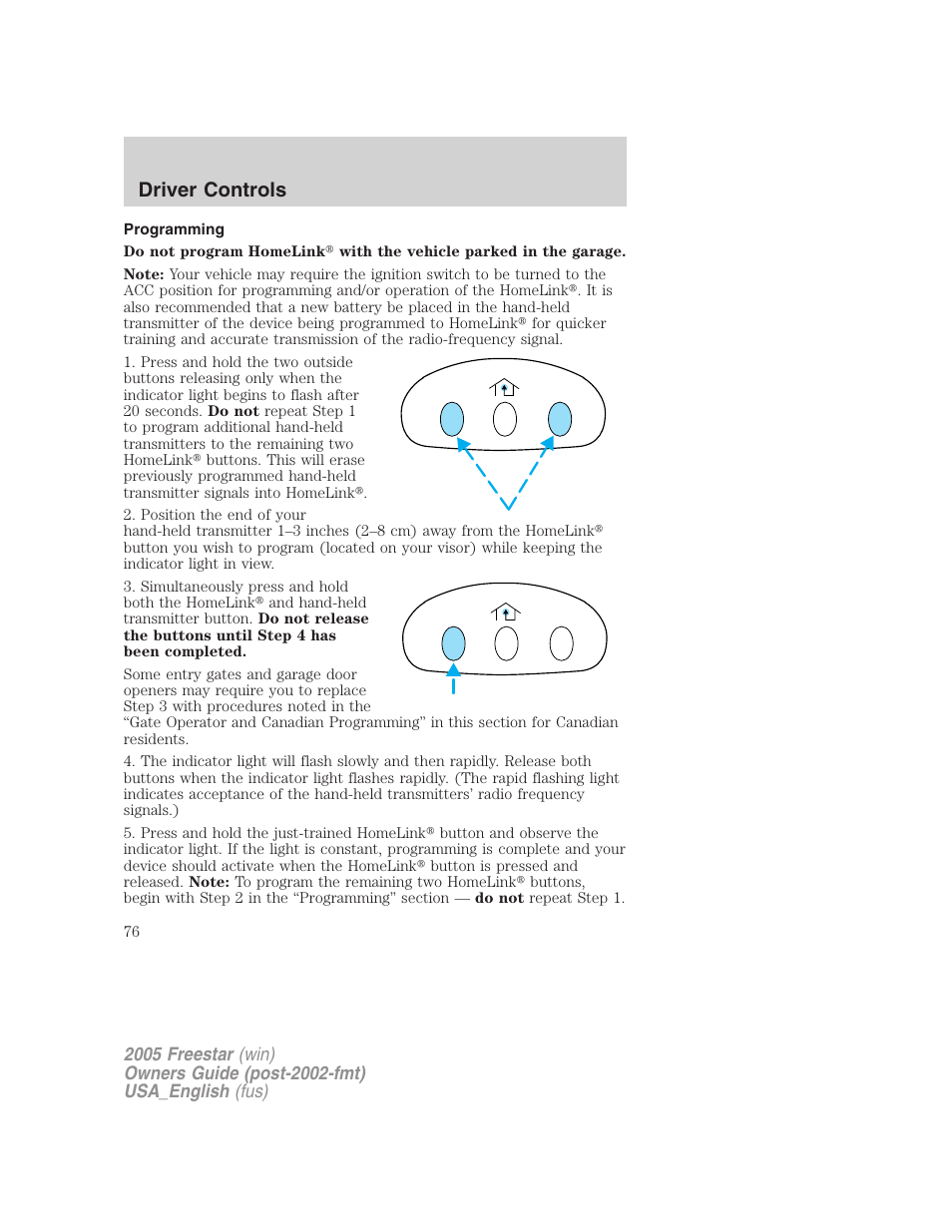 Programming, Driver controls | FORD 2005 Freestar v.2 User Manual | Page 76 / 312