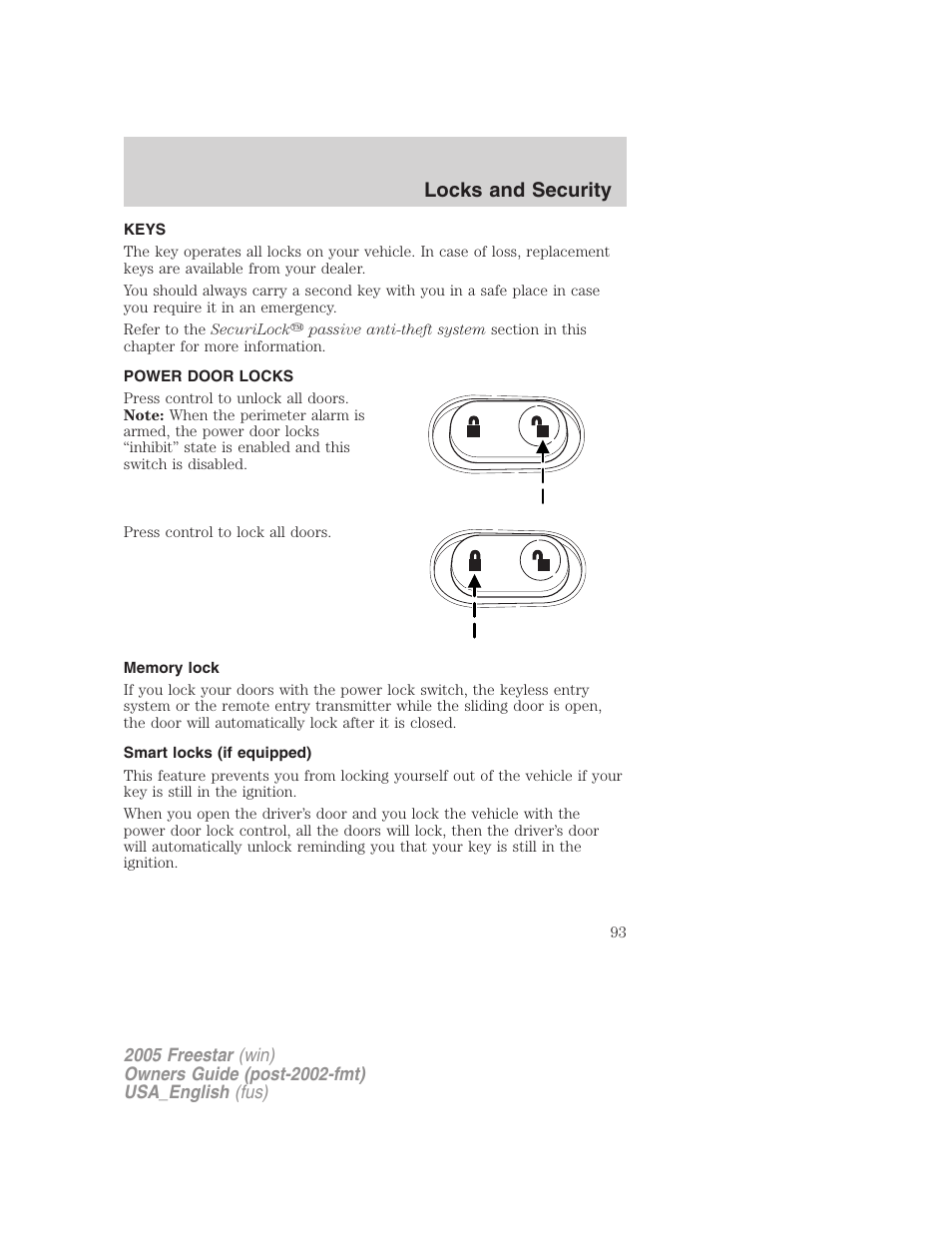 Locks and security, Keys, Power door locks | Memory lock, Smart locks (if equipped), Locks | FORD 2005 Freestar v.2 User Manual | Page 93 / 312