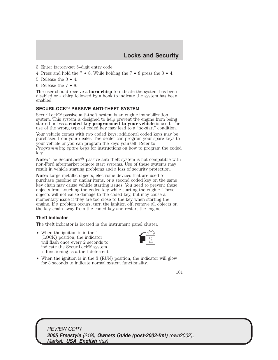 Locks and security | FORD 2005 Freestyle v.1 User Manual | Page 101 / 288