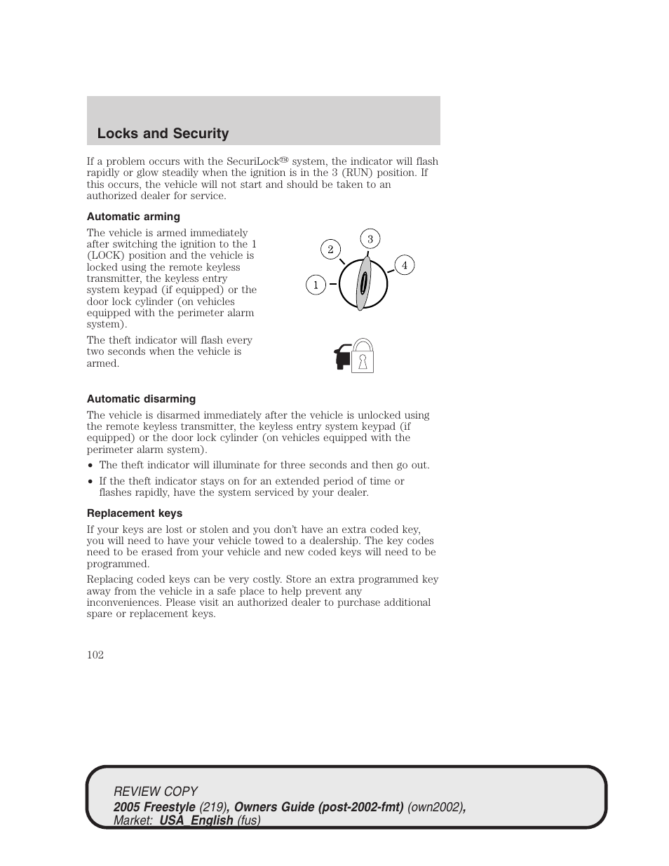 Locks and security | FORD 2005 Freestyle v.1 User Manual | Page 102 / 288
