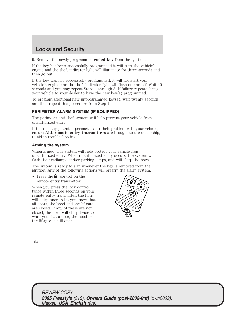 Locks and security | FORD 2005 Freestyle v.1 User Manual | Page 104 / 288