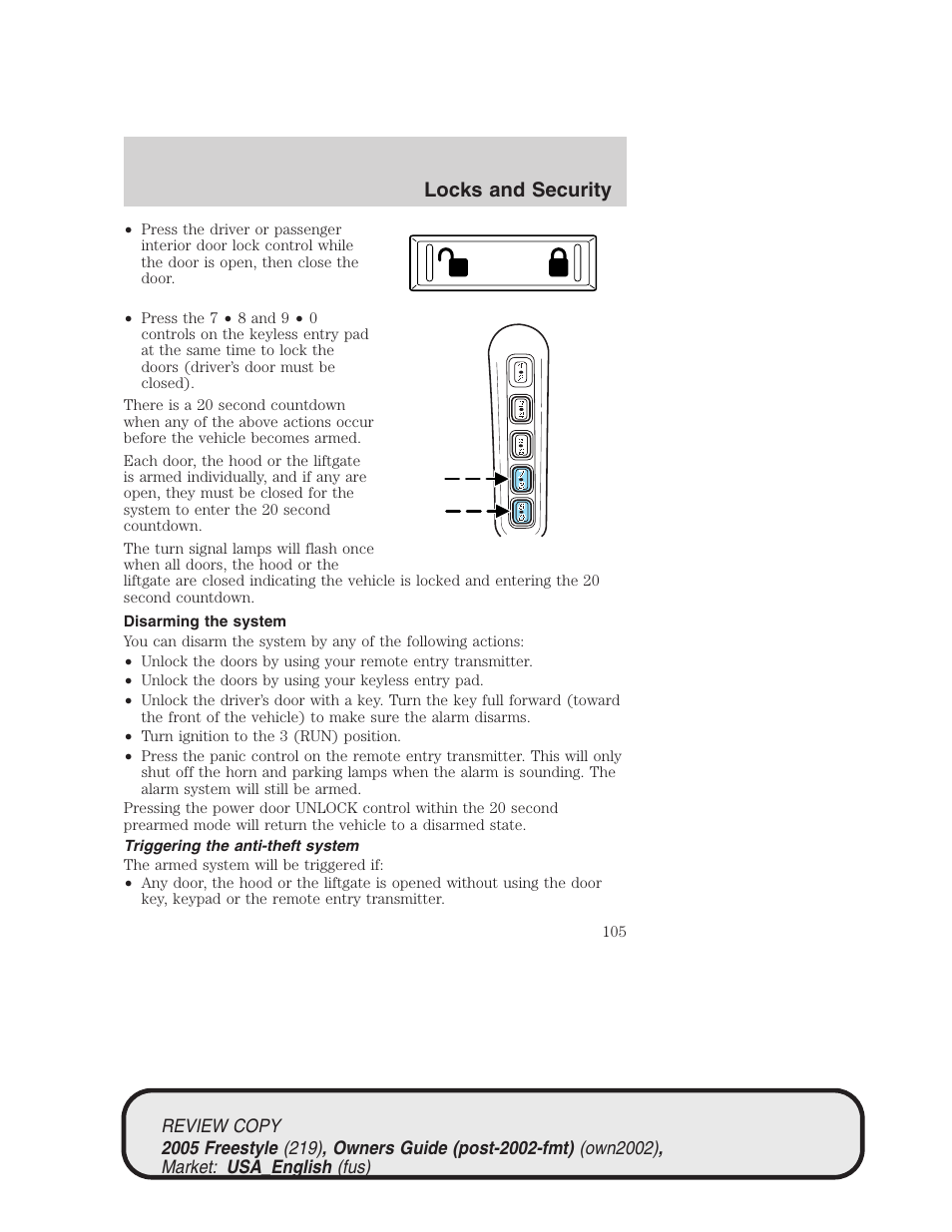 Locks and security | FORD 2005 Freestyle v.1 User Manual | Page 105 / 288