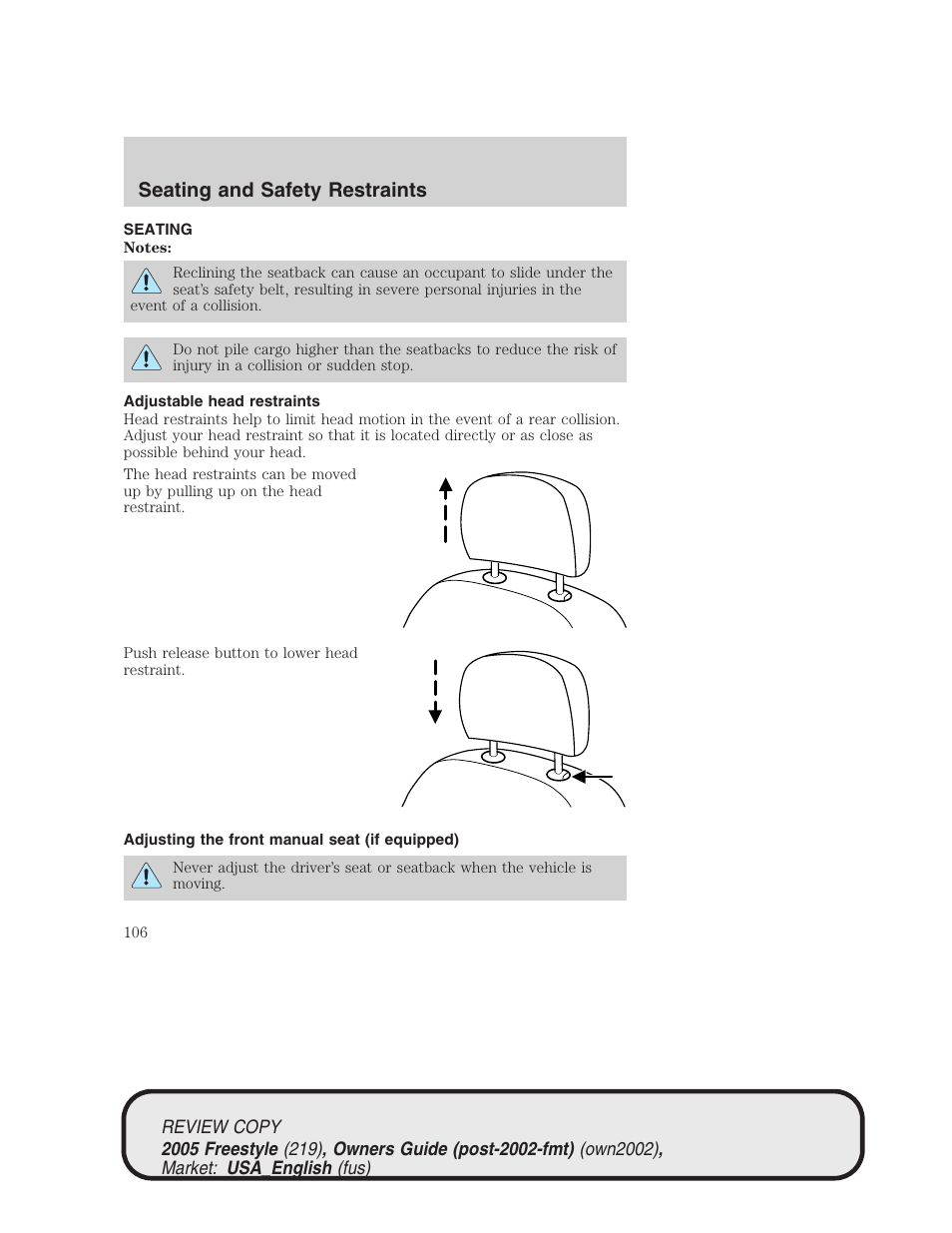 Seating and safety restraints | FORD 2005 Freestyle v.1 User Manual | Page 106 / 288