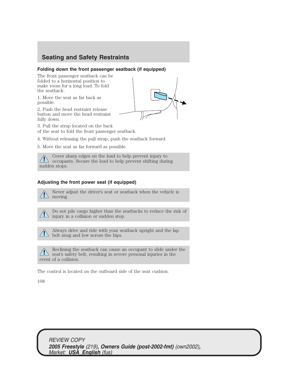 Seating and safety restraints | FORD 2005 Freestyle v.1 User Manual | Page 108 / 288