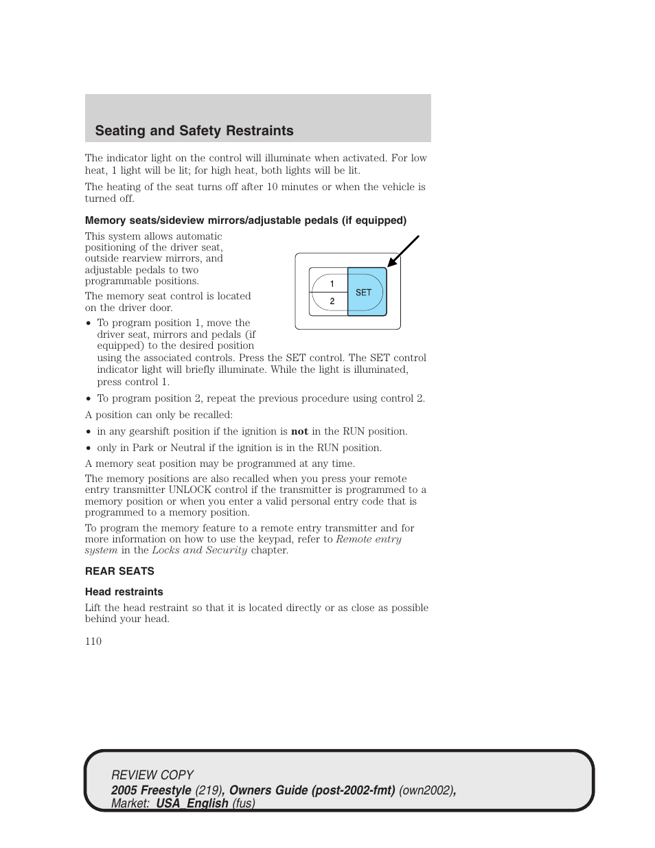 Seating and safety restraints | FORD 2005 Freestyle v.1 User Manual | Page 110 / 288