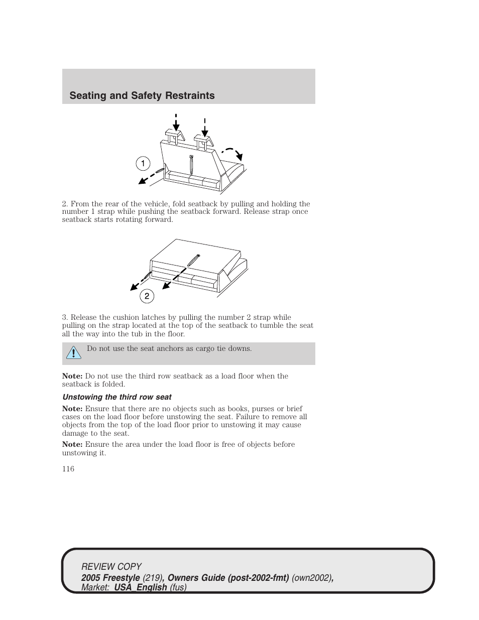 Seating and safety restraints | FORD 2005 Freestyle v.1 User Manual | Page 116 / 288