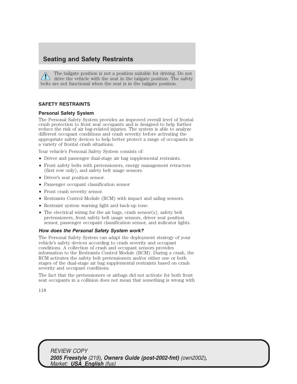 Seating and safety restraints | FORD 2005 Freestyle v.1 User Manual | Page 118 / 288