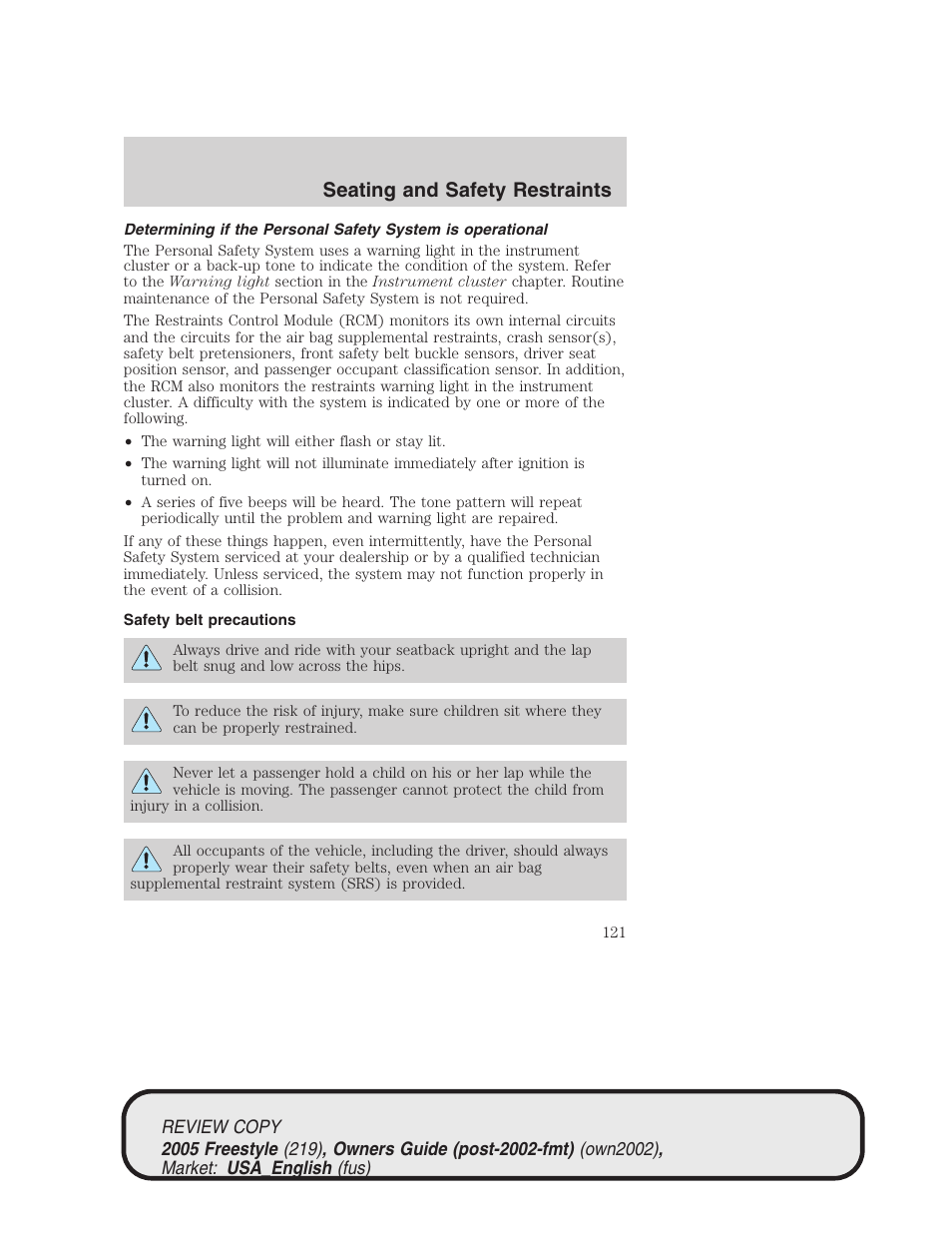 Seating and safety restraints | FORD 2005 Freestyle v.1 User Manual | Page 121 / 288