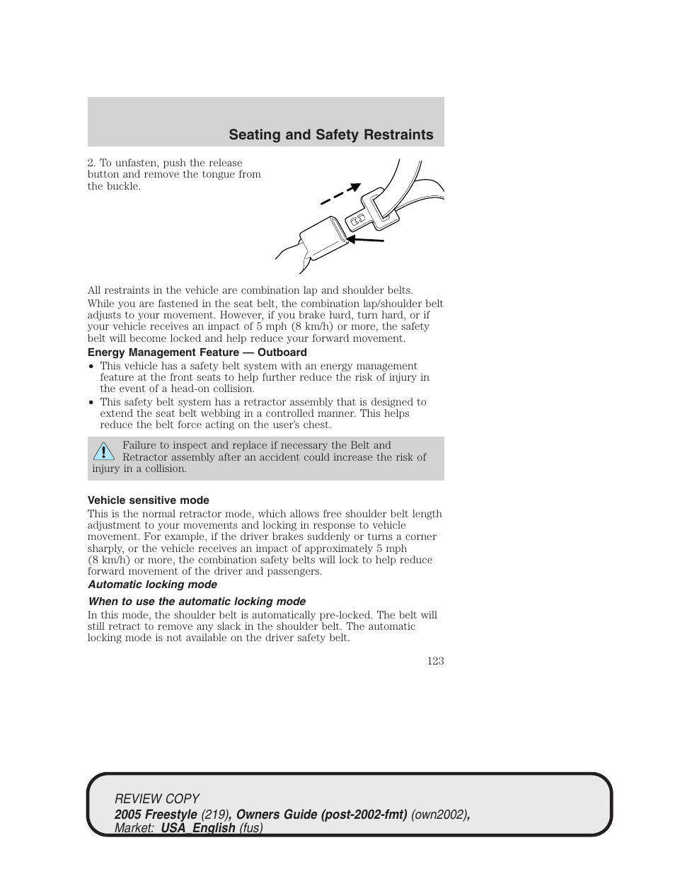 Seating and safety restraints | FORD 2005 Freestyle v.1 User Manual | Page 123 / 288