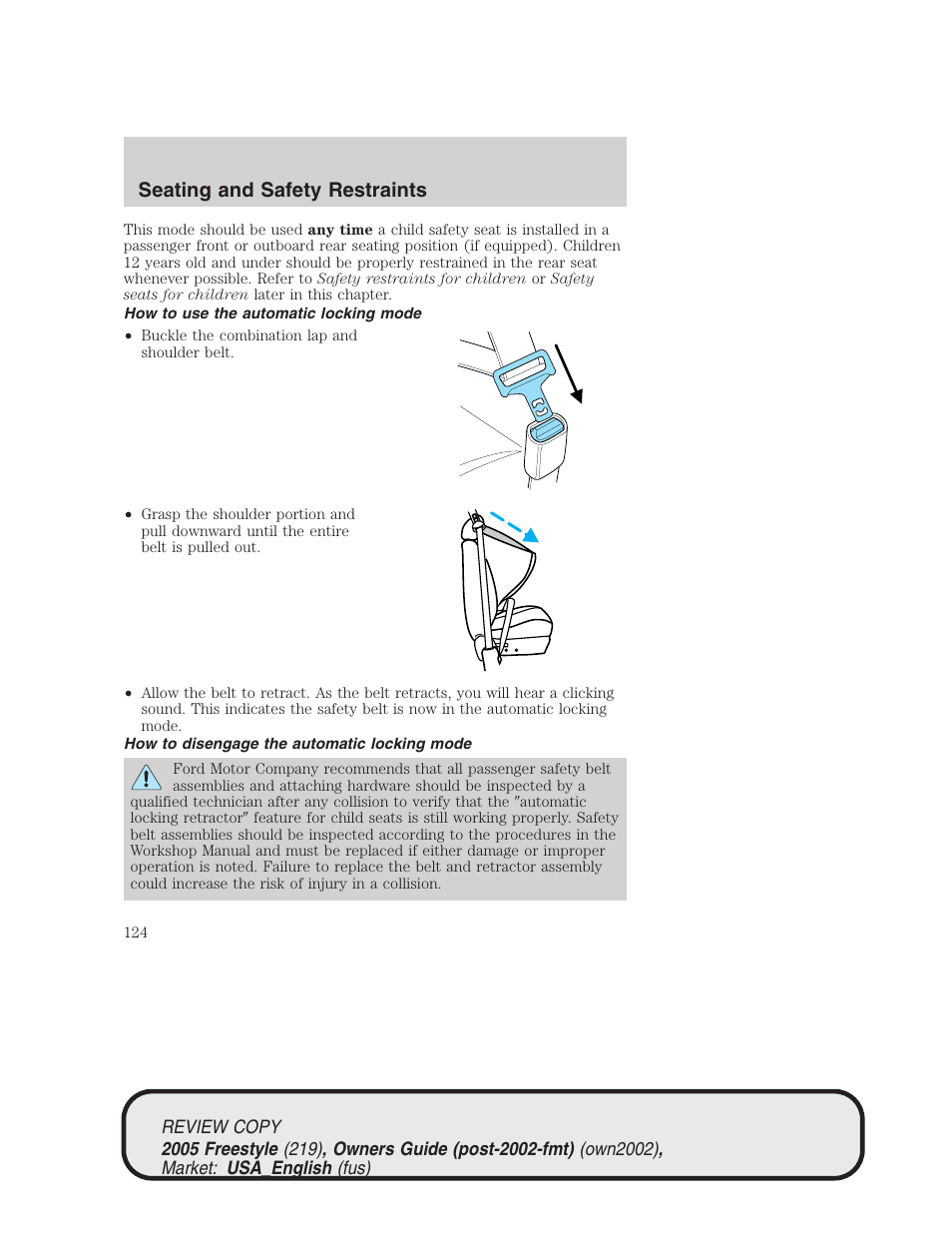 Seating and safety restraints | FORD 2005 Freestyle v.1 User Manual | Page 124 / 288