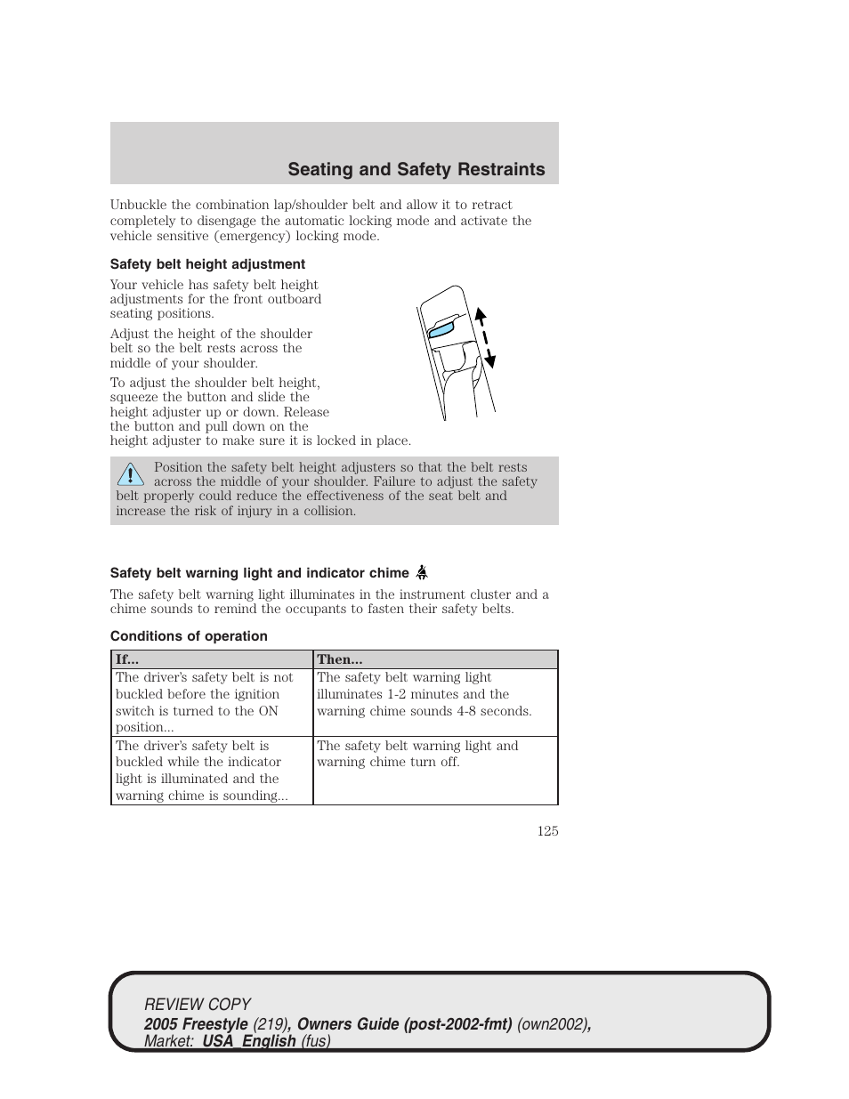 Seating and safety restraints | FORD 2005 Freestyle v.1 User Manual | Page 125 / 288